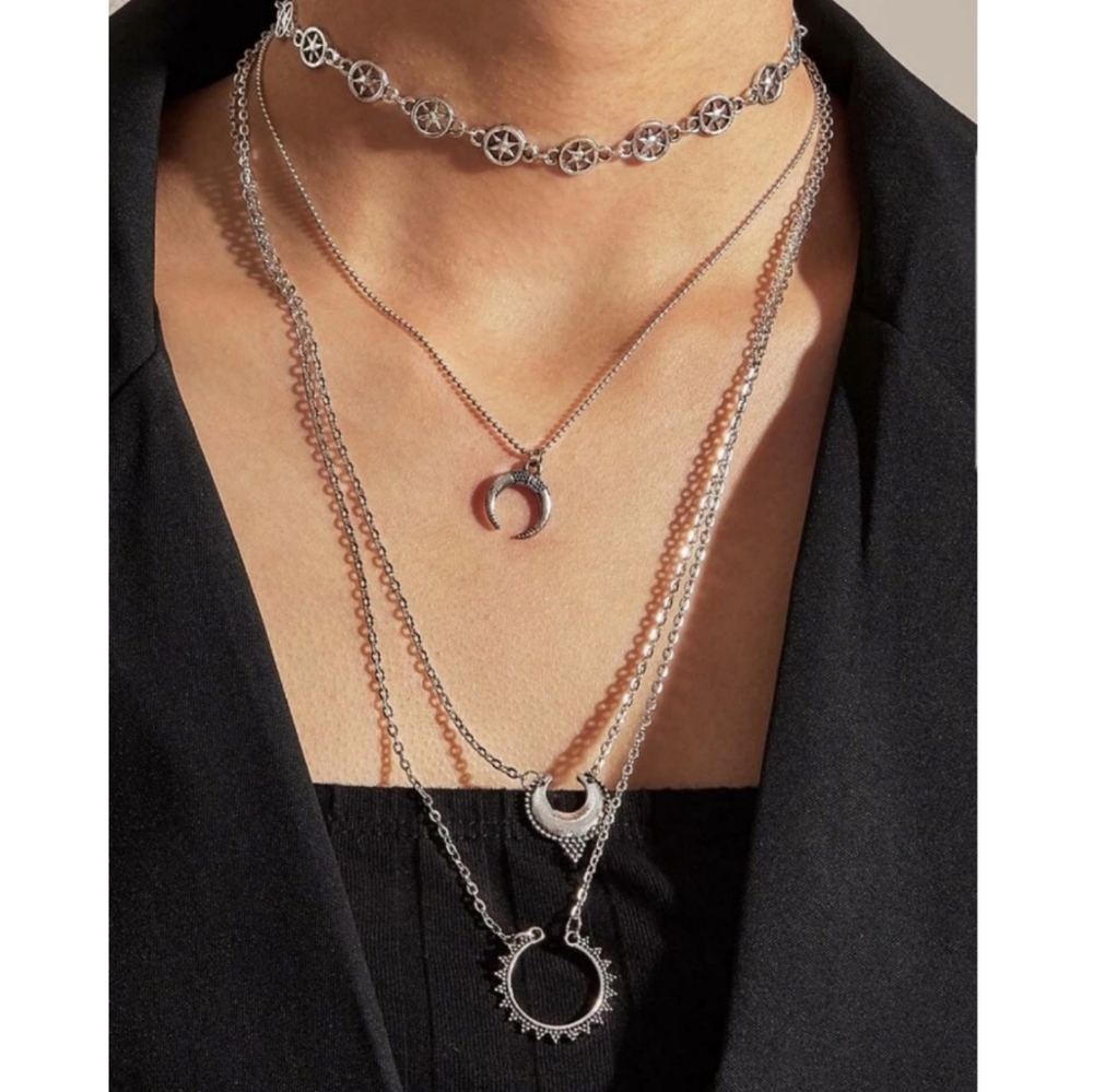 Silver Tone Horn Charm Layered Necklace and Choker